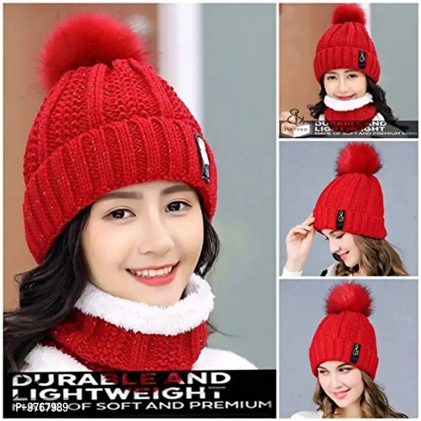 REFFER Winter Woolen Beanie Cap & Scarf Set for Women & Girls