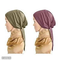 Mehar Women's Hair Tail Cap Poly Cotton Hijab Set of T-Cap 2 pcs (Olive - Coffee)