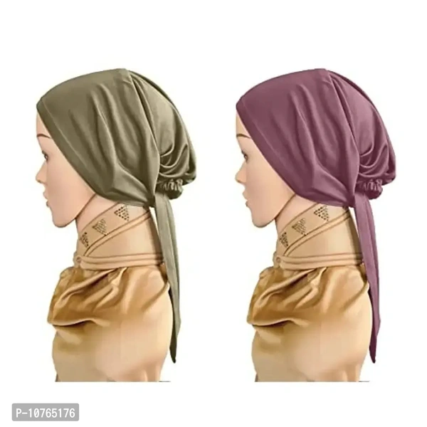 Mehar Women's Hair Tail Cap Poly Cotton Hijab Set of T-Cap 2 pcs (Olive - Coffee)