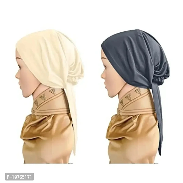 Mehar Women's Hair Tail Cap Poly Cotton Hijab Set of T-Cap 2 pcs (Wheat - Grey)
