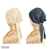 Mehar Women's Hair Tail Cap Poly Cotton Hijab Set of T-Cap 2 pcs (Wheat - Grey)