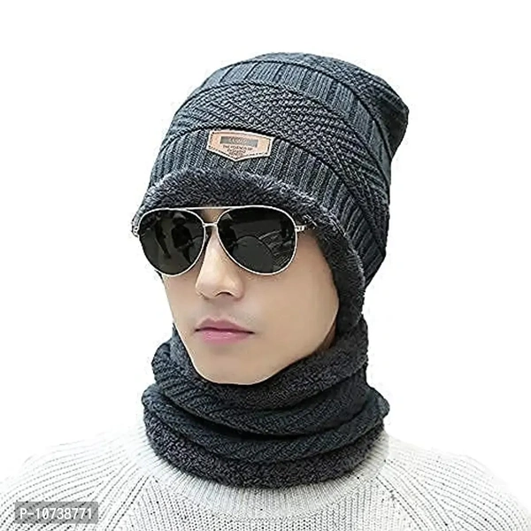 Navkar Crafts Ultra Soft Winter Woolen Beanie Cap Plus Muffler Scarf Set Grey for Women, Girl - Warm, Snow Proof - (-20) Degree Temperature
