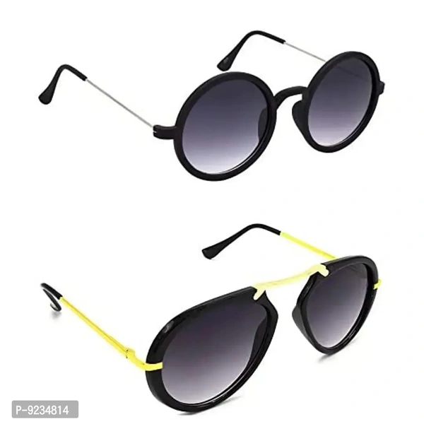 Hrinkar Unisex Round Sunglasses Silver Golden Frame, Grey Lens (Medium) - Pack of 2