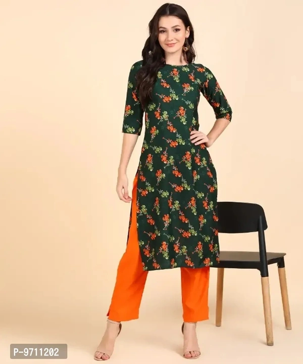 Kurti Pant Set for Women - Crepe Long Straight Printed Kurta with Pant - L