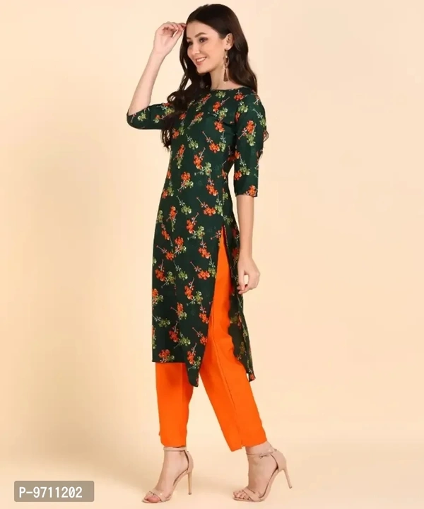 Kurti Pant Set for Women - Crepe Long Straight Printed Kurta with Pant - L