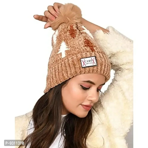 SoSh Designer Beautiful Velvet Woolen Winter Cap Hat for Women Warm Snow Beanie Winter hat Women Free Size Brown Cap