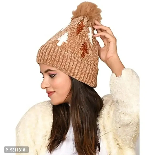 SoSh Designer Beautiful Velvet Woolen Winter Cap Hat for Women Warm Snow Beanie Winter hat Women Free Size Brown Cap