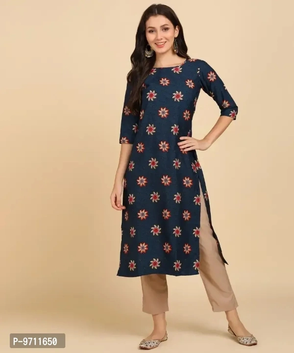 Kurti Pant Set for Women - Crepe Long Straight Printed Kurta with Pant - M