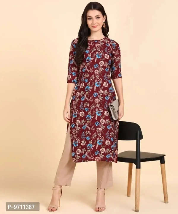 Kurti Pant Set for Women - Crepe Long Straight Printed Kurta with Pant - 2XL