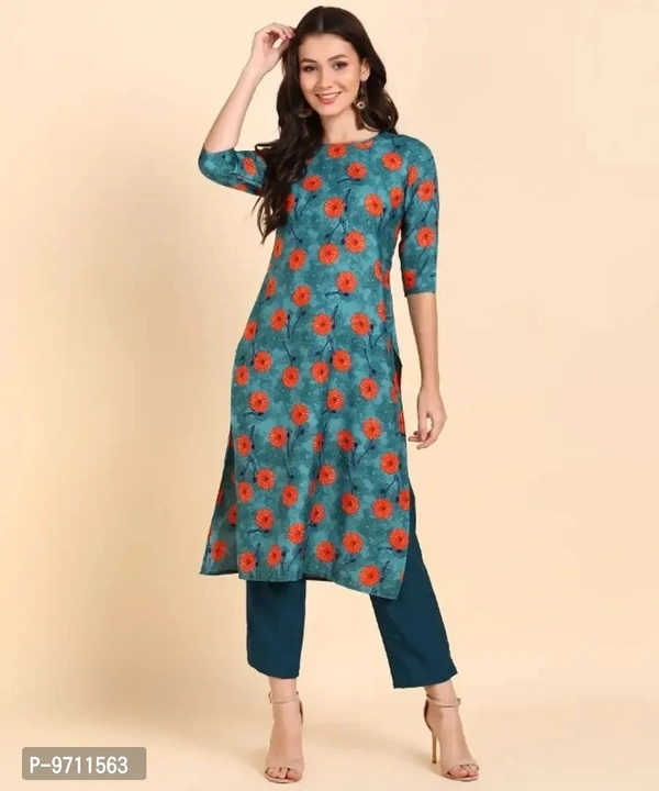 Kurti Pant Set for Women - Crepe Long Straight Printed Kurta with Pant - 2XL