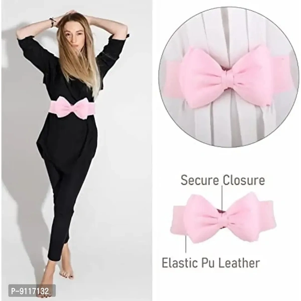 SYGA Women Bow Waist Band Elastic Pu Leather Fashionable Waist Belt for Girls 60-80cm Retro Ladies Waist Belt For Jeans Short Long Dress Skirt Sweater Shirt- Light Pink