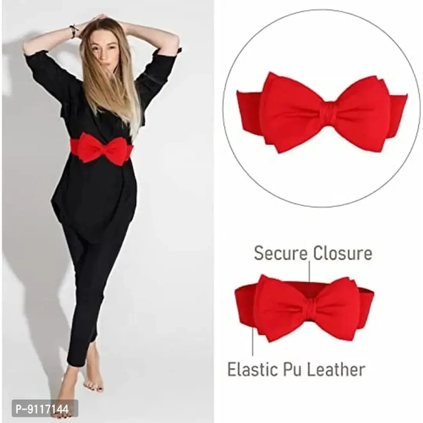 SYGA Women Bow Waist Band Elastic Pu Leather Fashionable Waist Belt for Girls 60-80cm Retro Ladies Waist Belt For Jeans Short Long Dress Skirt Sweater Shirt- Red