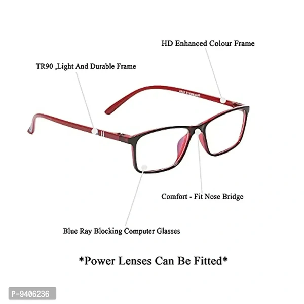 VAST&#174; Antiglare Zero Power TR90 Spectacle Frames Sunglasses For Boys, Men, Women, Girls (Computer Glasses) MADE IN INDIA…(Black/Red)