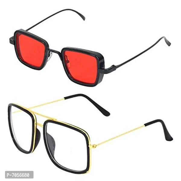 Dervin Unisex Adult Square Sunglasses (Red Clear Lens) (Medium) - Pack of 2