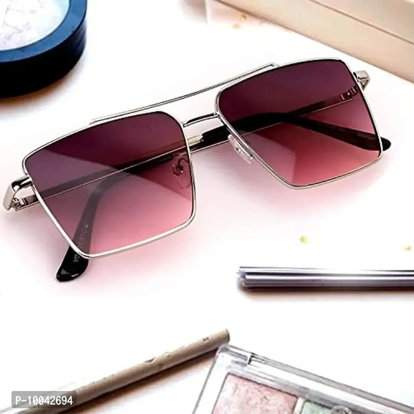 IFLASH Square Aviator Sunglasses for Men and Women Fashion Metal Vintage Gradient Shades Sunglasses UV400 Protection (SILVER-PINK)