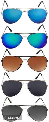 Modern Multicoloured Combo Of 5 UV Protection Aviator Unisex Sunglasses With Pouch