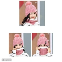 Navkar Crafts Winter Soft Warm 1 Set Snow Proof Ball Cap (Inside Fur) Woolen Beanie Cap with Scarf for Women Girl Ladies