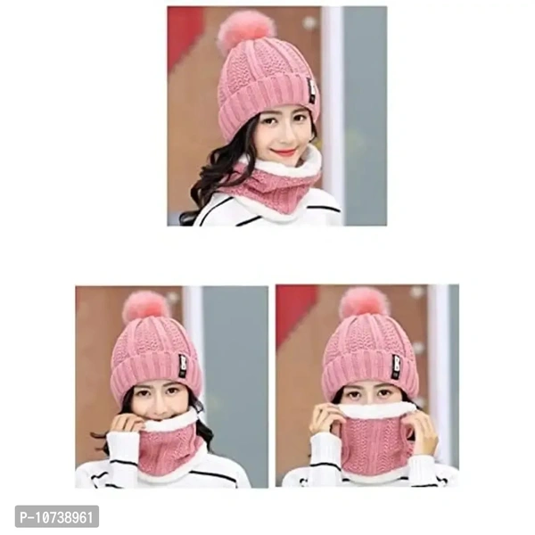 Navkar Crafts Winter Soft Warm 1 Set Snow Proof Ball Cap (Inside Fur) Woolen Beanie Cap with Scarf for Women Girl Ladies