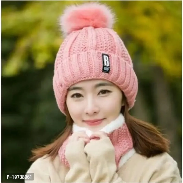 Navkar Crafts Winter Soft Warm 1 Set Snow Proof Ball Cap (Inside Fur) Woolen Beanie Cap with Scarf for Women Girl Ladies