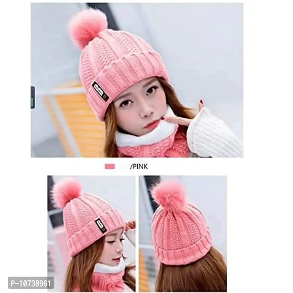 Navkar Crafts Winter Soft Warm 1 Set Snow Proof Ball Cap (Inside Fur) Woolen Beanie Cap with Scarf for Women Girl Ladies