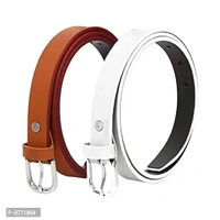 Dryon Women's and Girl's PU Vegan Leather Belt Combo Pack of 2 (Tan & White,Free Size
