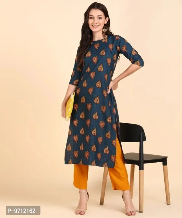 Kurti Pant Set for Women - Crepe Long Straight Printed Kurta with Pant - M