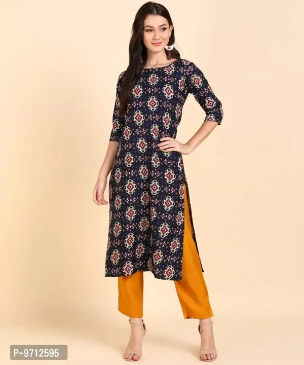 Kurti Pant Set for Women - Crepe Long Straight Printed Kurta with Pant - 2XL