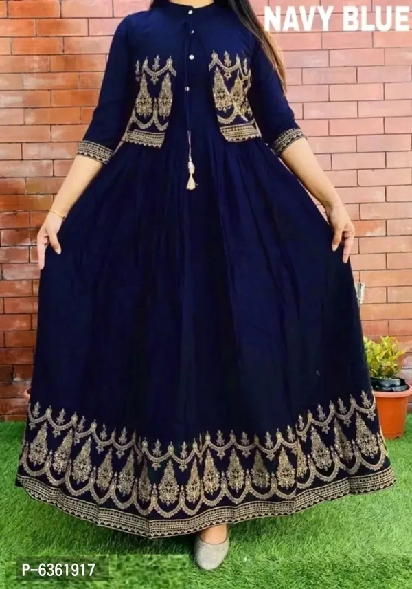 Women Anarkali Kurti With Gold Print Jacket (Blue) - Blue, XL