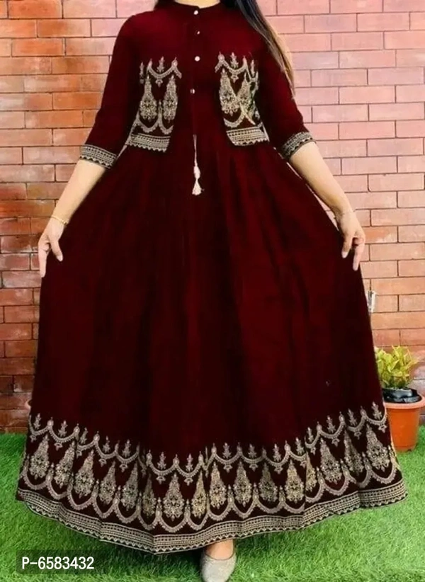 Alluring Maroon Rayon Embroidered Kurta with Jacket Set For Women - 2XL