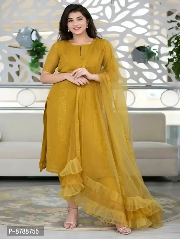 Trendy Women Cotton Kurta, Pant with Dupatta - Yellow, S