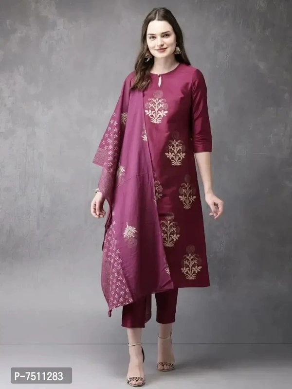 Stylish Cotton Printed Womens Kurti with Bottom and Dupatta - L