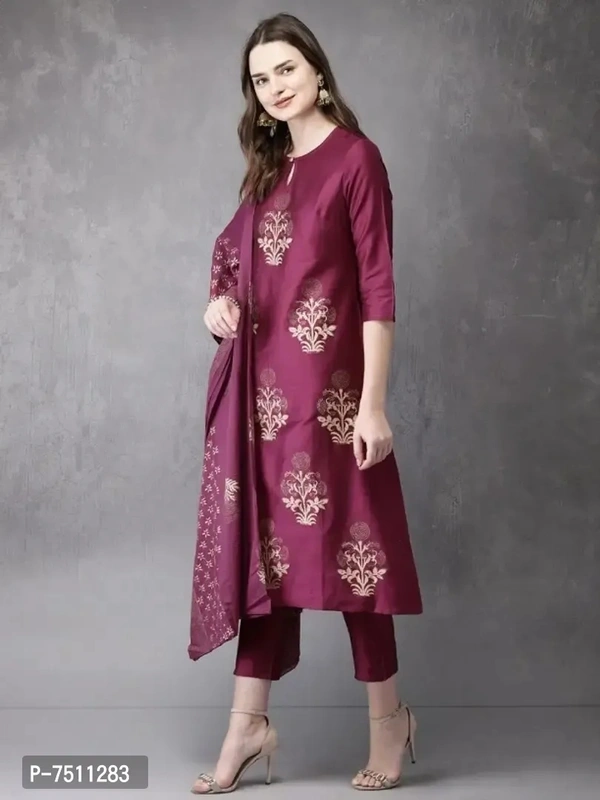 Stylish Cotton Printed Womens Kurti with Bottom and Dupatta - L