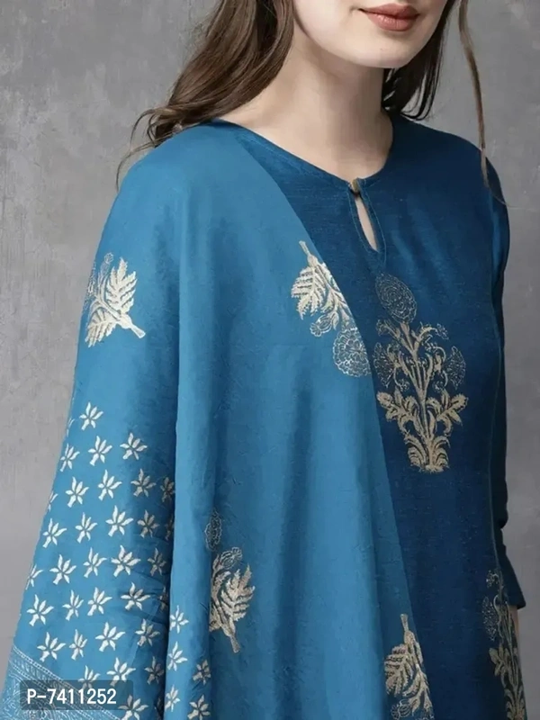 Stylish Blue Cotton Blend Foil Print Kurta with Pant And Dupatta Set For Women - 3XL