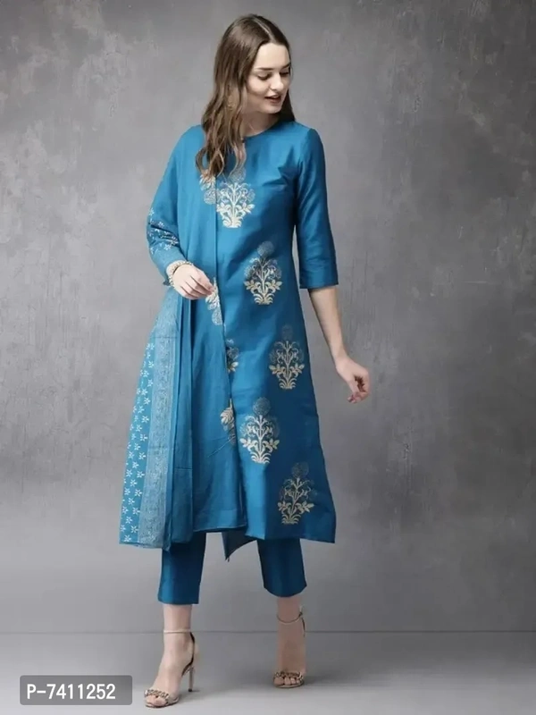Stylish Blue Cotton Blend Foil Print Kurta with Pant And Dupatta Set For Women - 3XL