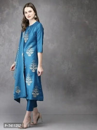 Stylish Blue Cotton Blend Foil Print Kurta with Pant And Dupatta Set For Women - 4XL