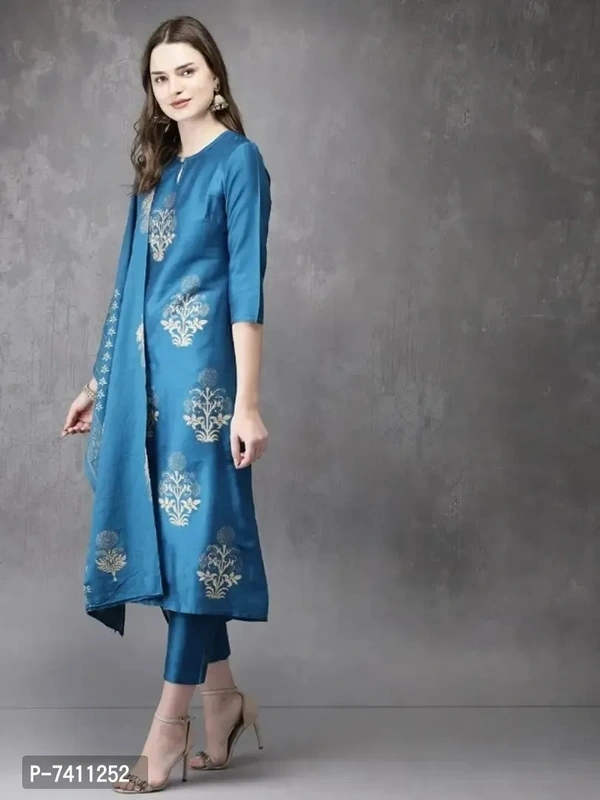 Stylish Blue Cotton Blend Foil Print Kurta with Pant And Dupatta Set For Women - 4XL