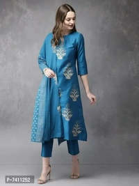 Stylish Blue Cotton Blend Foil Print Kurta with Pant And Dupatta Set For Women - 4XL