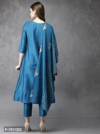 Stylish Blue Cotton Blend Foil Print Kurta with Pant And Dupatta Set For Women - 4XL