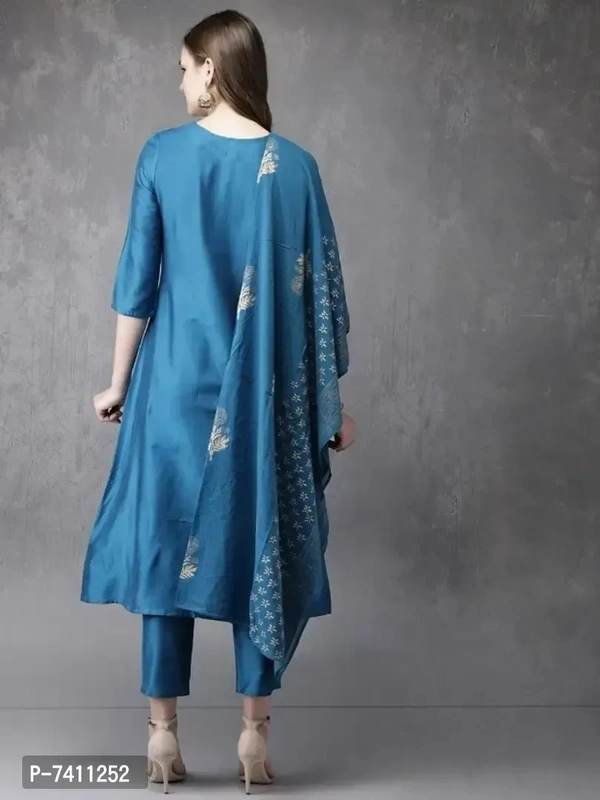 Stylish Blue Cotton Blend Foil Print Kurta with Pant And Dupatta Set For Women - 4XL
