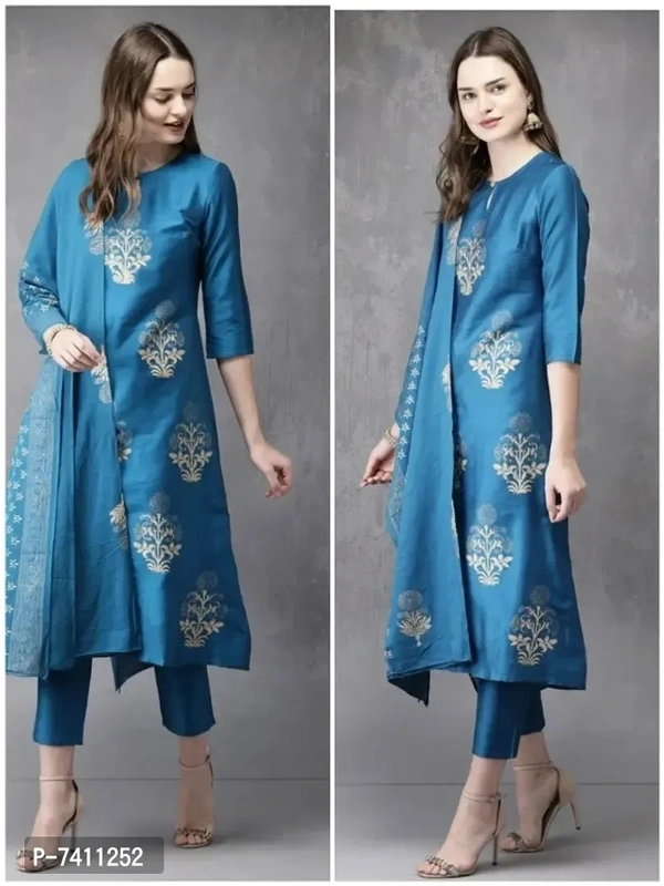 Stylish Blue Cotton Blend Foil Print Kurta with Pant And Dupatta Set For Women - 5XL