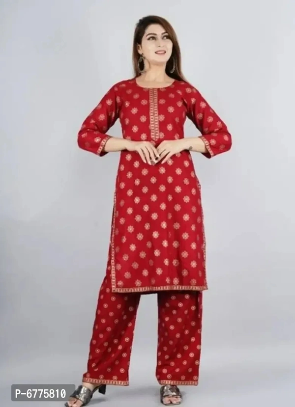 Elegant Rayon Kurti With Bottom Set For Women - Red, L