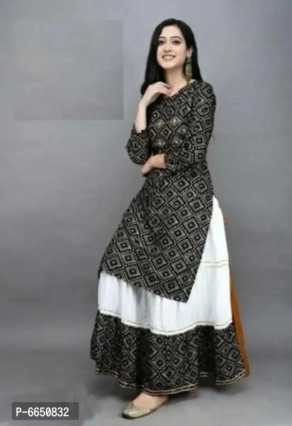 Trendy Rayon Bandhani Print Kurti With Skirt For Women - Black, XL