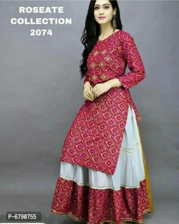 Elegant Rayon Bandhani Printed Kurta With Sharara Set For Women - Red, 2XL