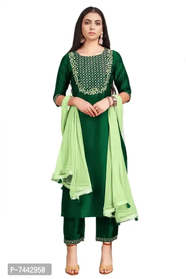 Elite Green Cotton Embroidered Kurta with Pant And Dupatta Set For Women - S