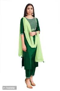 Elite Green Cotton Embroidered Kurta with Pant And Dupatta Set For Women - L