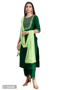 Elite Green Cotton Embroidered Kurta with Pant And Dupatta Set For Women - L