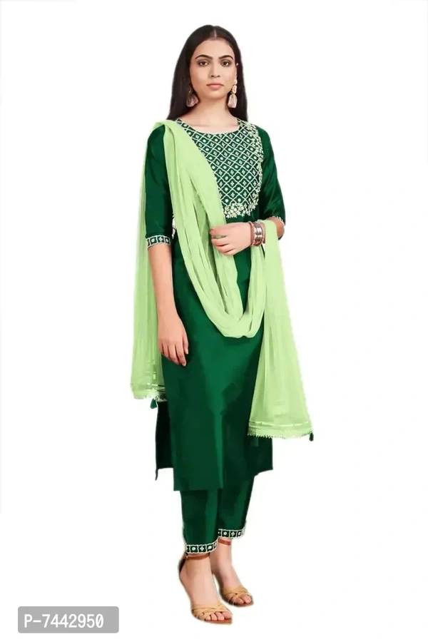 Elite Green Cotton Embroidered Kurta with Pant And Dupatta Set For Women - 3XL