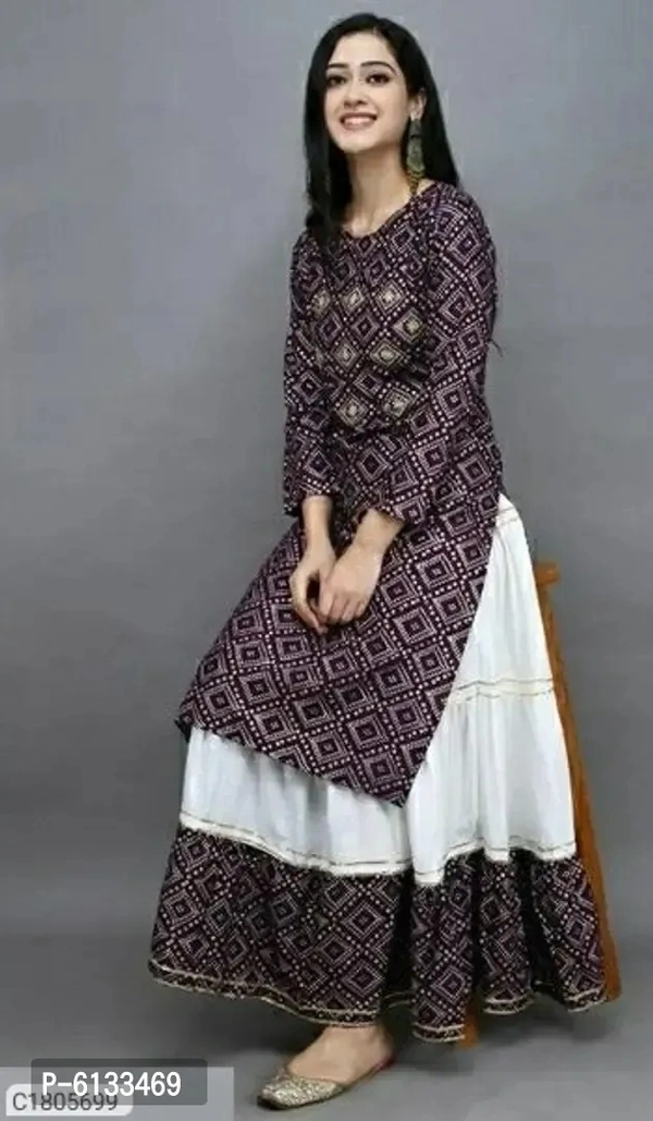 Stunning Purple Rayon Printed Kurta with Skirt Set For Women - 2XL