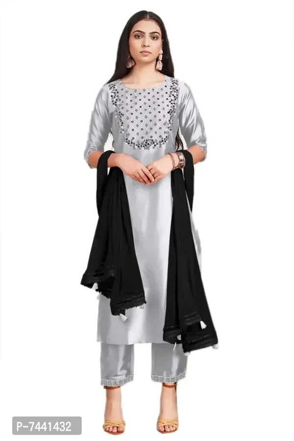 Reliable Grey Cotton Embroidered Kurta with Pant And Dupatta Set For Women - Gray, 4XL
