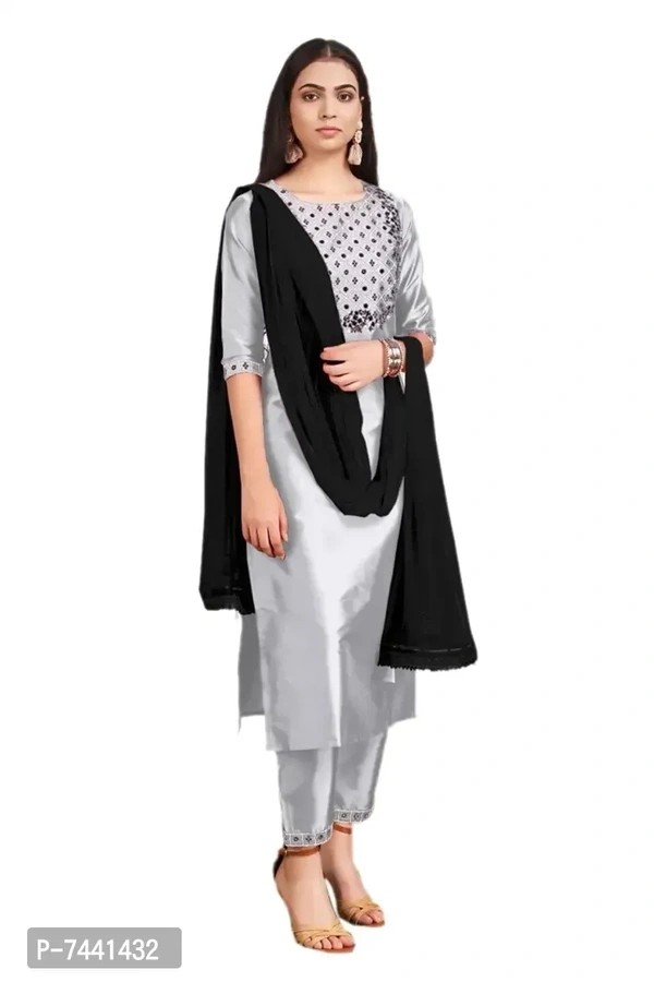 Reliable Grey Cotton Embroidered Kurta with Pant And Dupatta Set For Women - Gray, 4XL